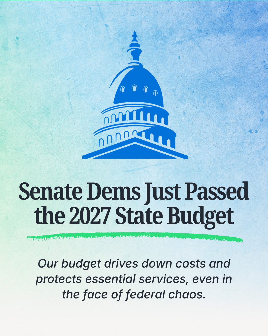 Senate Dems just passed the 2027 State Budget. Our budget drives down costs and protects essential services, even in the face of federal chaos