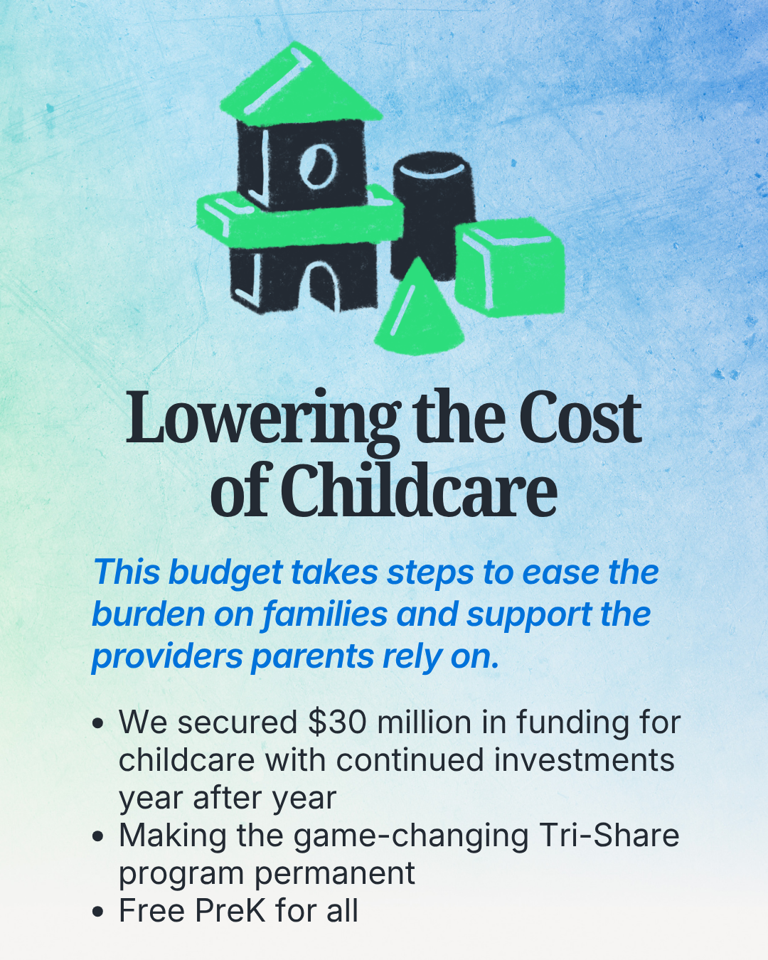 Lowering the Cost of Childcare. This budget takes steps to ease the burden on families and support the providers parents rely on. We secured $30 million in funding for childcare with continued investments year after year. Making the game-changing Tri-Share program permanent, free PreK for all