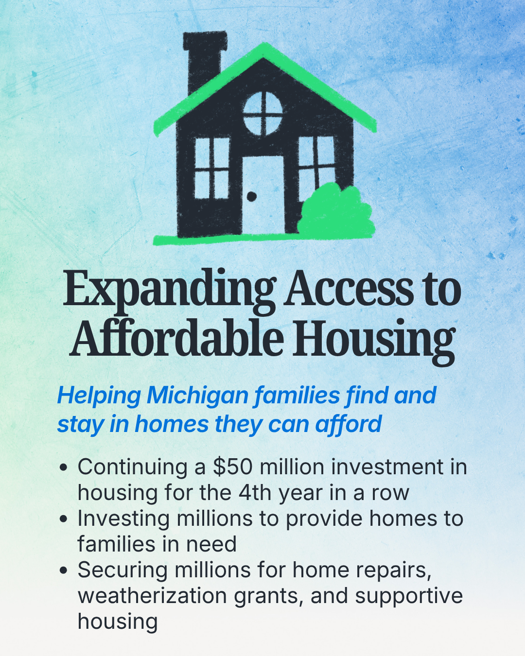 Expanding Access to Affordable Housing. Helping Michigan families find and stay in homes they can afford. Continuing a $50 million investment in housing for the 4th year in a row, investing millions to provide homes to families in need, Securing millions for home repairs, watherization grants, and supportive housing