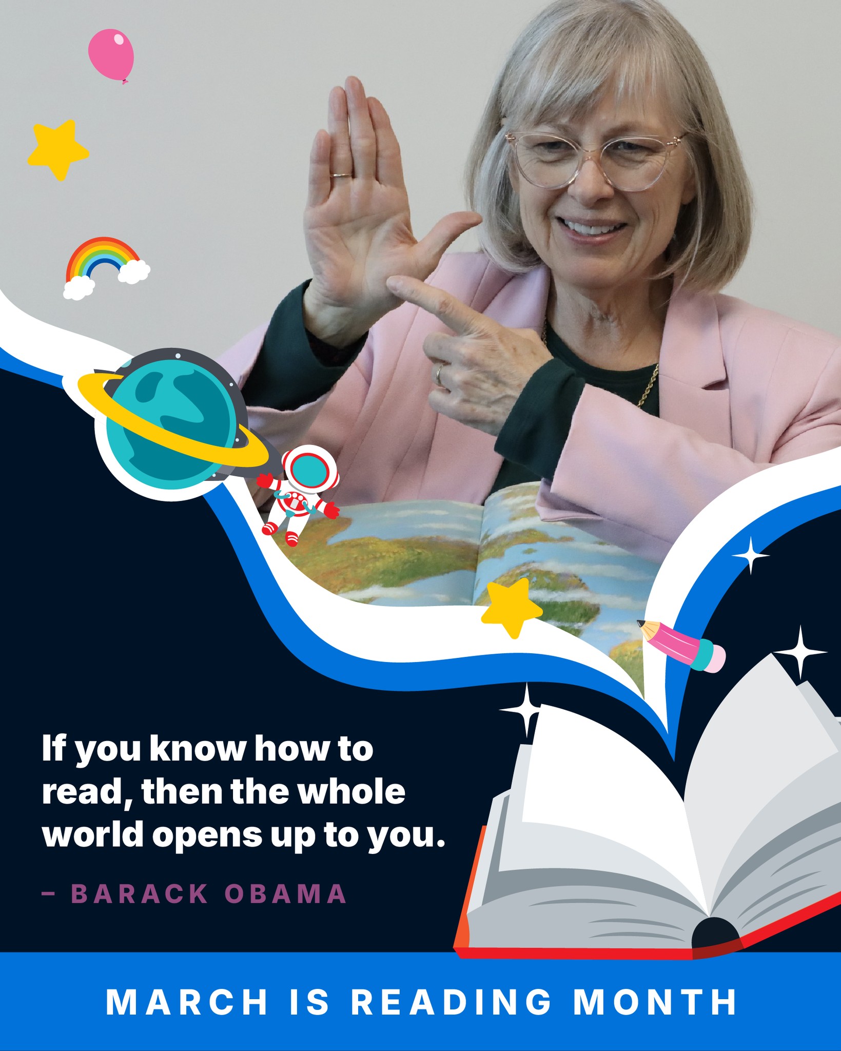 Senator Bayer reading a book and holding up a hand pointing to the mitten shape. "If you know how to read, then the whole world opens up to you." - Barack Obama. March is Reading Month