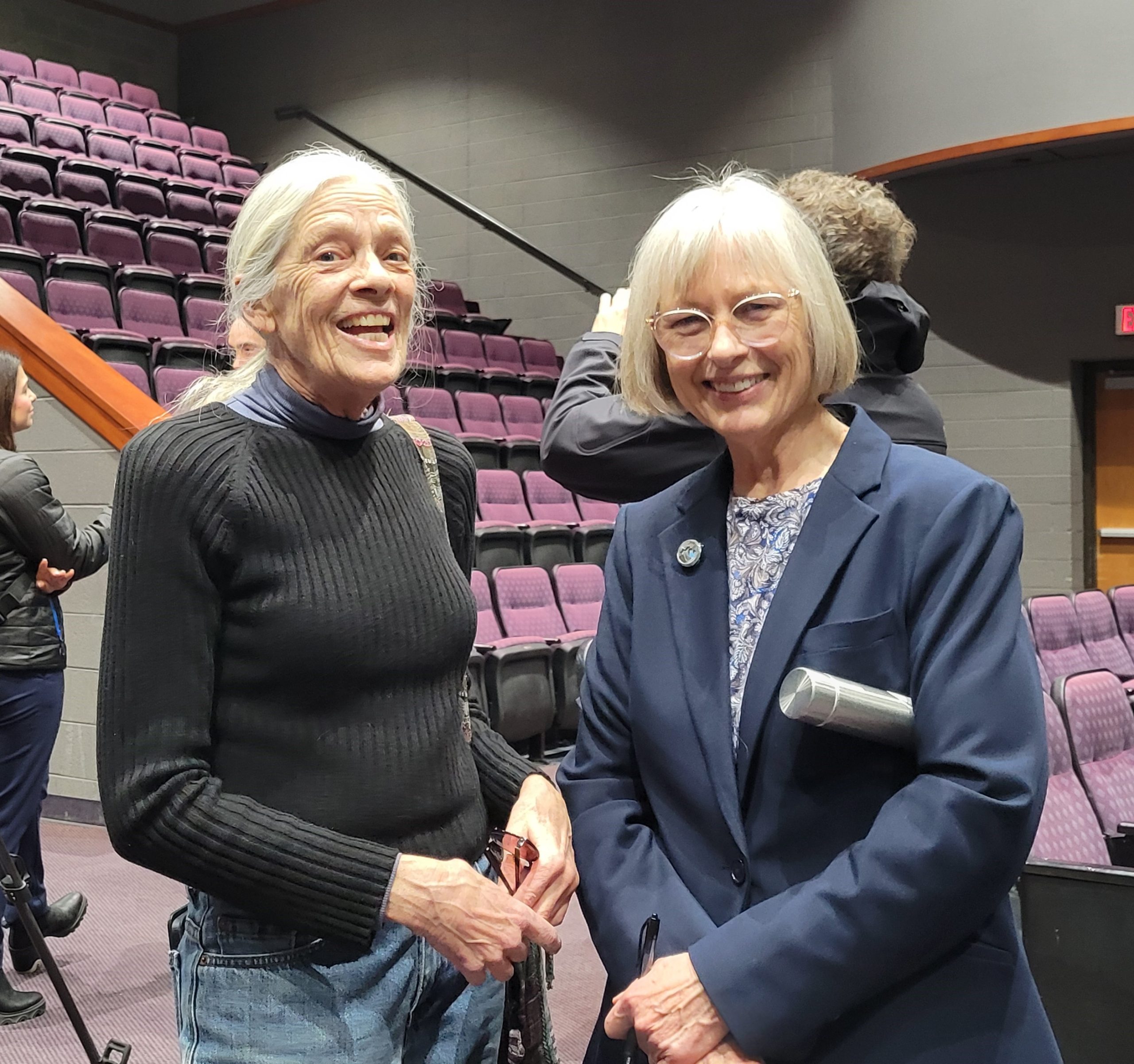 Sen Bayer and a constituent both smiling at the camera after the Data Center Town Hall