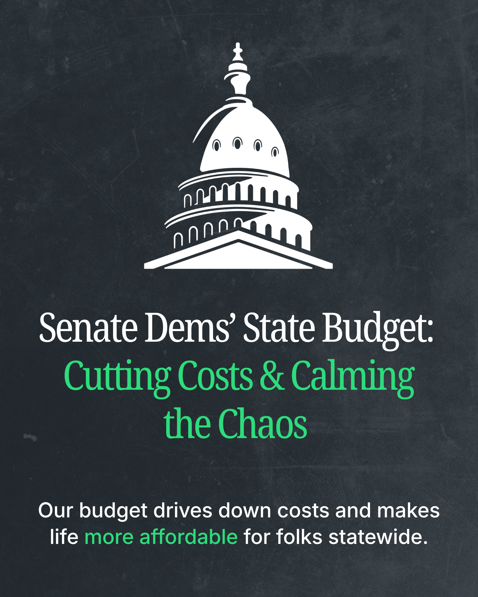 Senate Dems' State Budget: Cutting Costs and Calming the Chaos. Our budget drives down costs and makes life more affordable for folks statewide