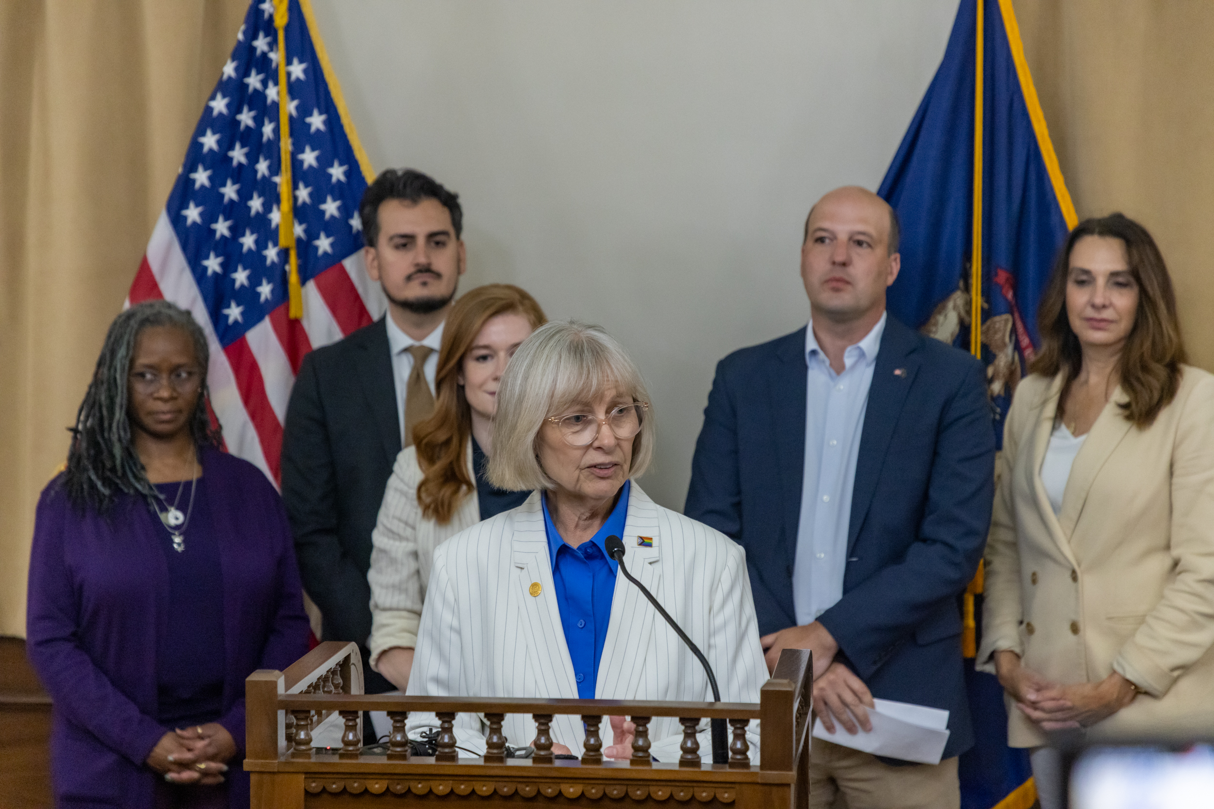 Sen. Bayer and her Senate Dem colleagues at a press conference on their legislation to shield Michigan residents and communities from large-scale data center projects  