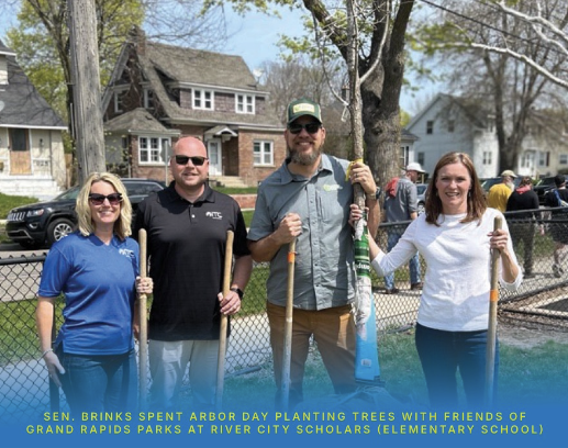 Senator Brinks spent Arbor Day planting trees with Friends of Grand Rapids Parks at River City Scholars (elementary school)