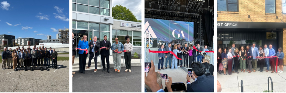 Collage of ribbon cuttings and ground breakings at important community events in the Grand Rapids area