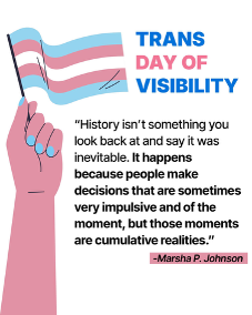 Trans Day of Visibility "History isn't something you look back at and say it was inevitable. It happens because people make decisions thar are sometimes impulsive and of the moment, but those moments are cumulative realities" - Marsha P. Johnson