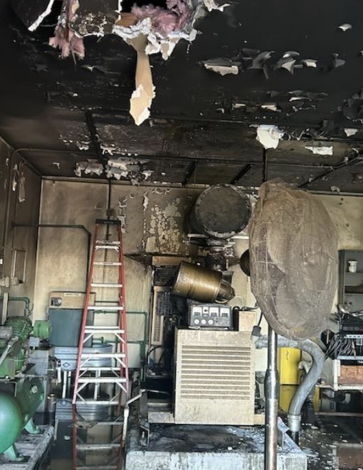 Fire damage from a generator failure
at the Wolf Lake State Fish Hatchery
