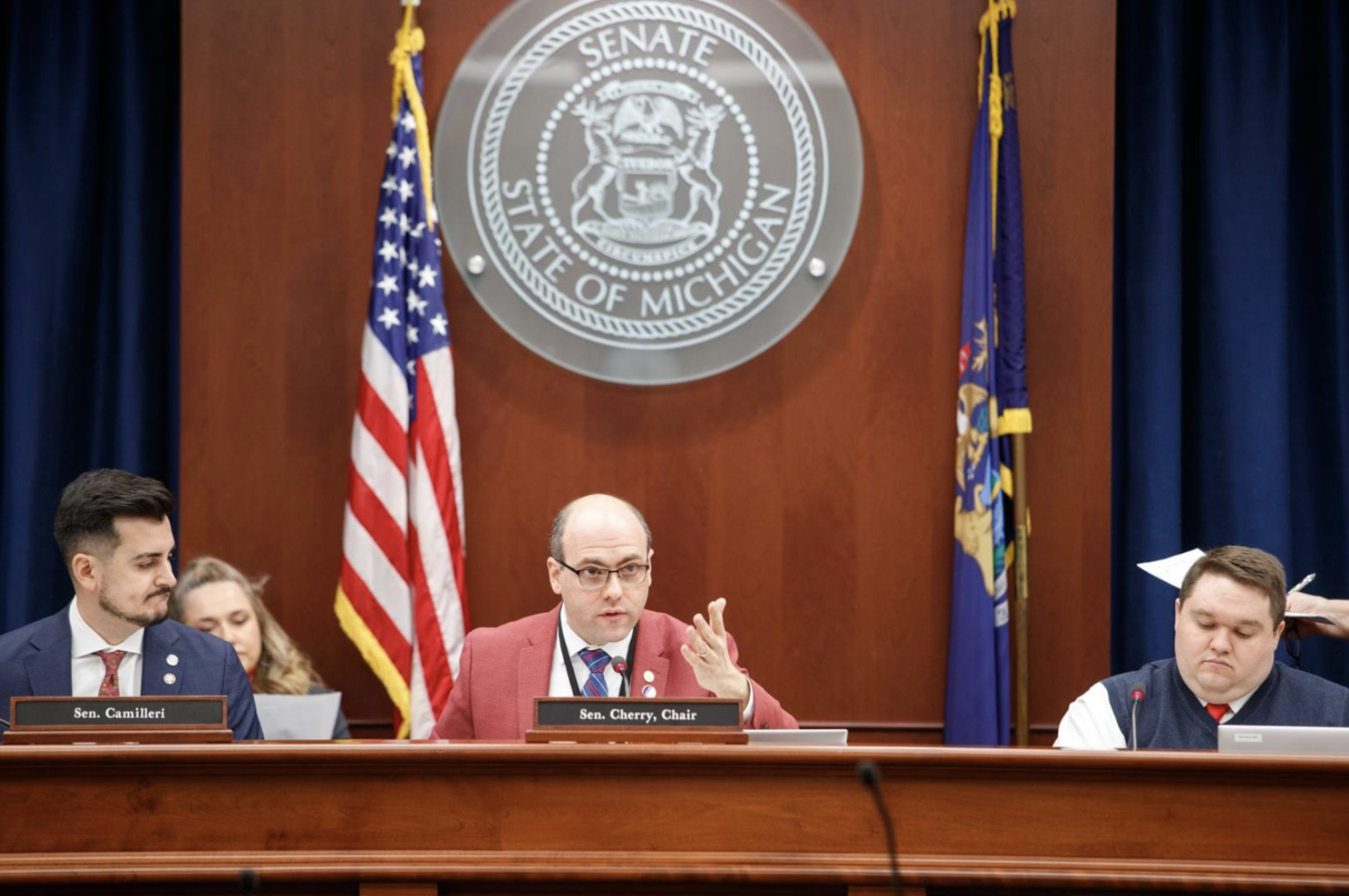 Senate Cherry speaking in committee fighting for stronger protections and benefits for workers as Chair of the Senate Labor Committee 