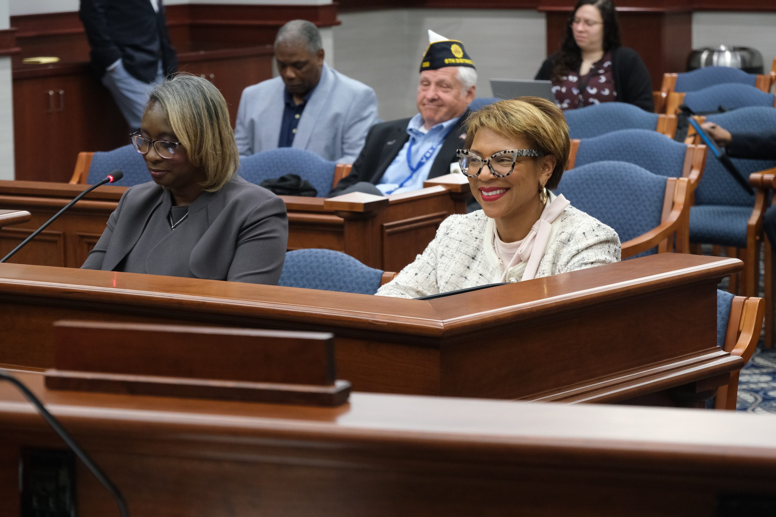 Sen. Sylvia Santana (D-Detroit) and Lolita Tucker, State Commander for Michigan’s Disabled American Veterans, provide testimony to the Senate Veterans and Emergency Services Committee in favor of legislation to raise recognition of women veterans. 