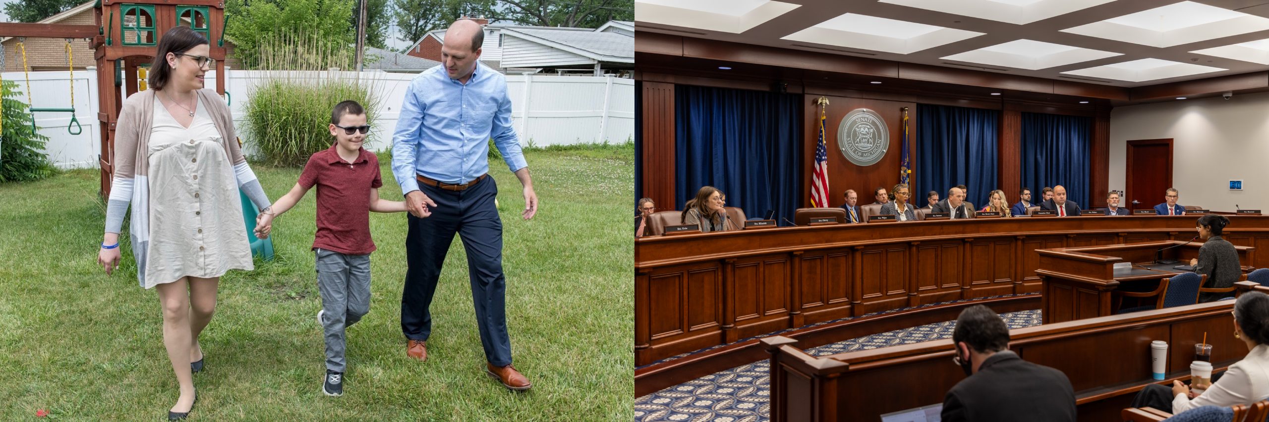 (Left) Sen. Hertel is joined by Erica Hammel and her son Wyatt. (Right) The Senate Health Policy Committee, led by Sen. Hertel, hears testimony from Michiganders on the importance of contraception access. 