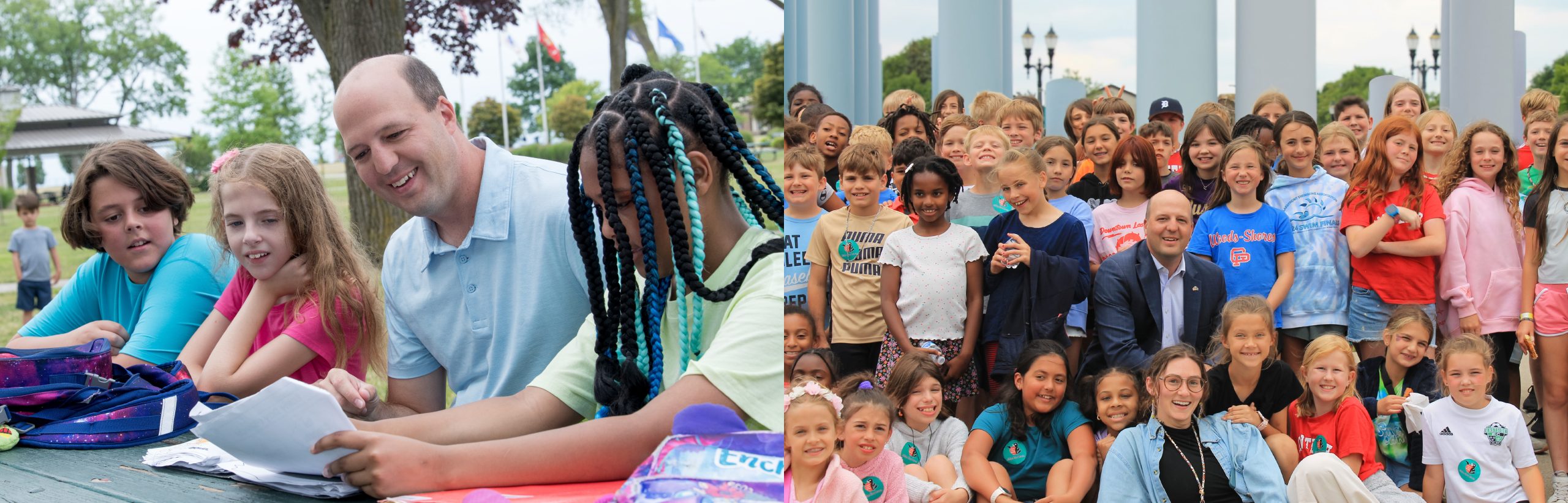 Two images of State Senator Kevin Hertel. The first is him helping a group of 3 children with their homewokr on a picnic bench. The second is the Senator posing with a class of children outdoors