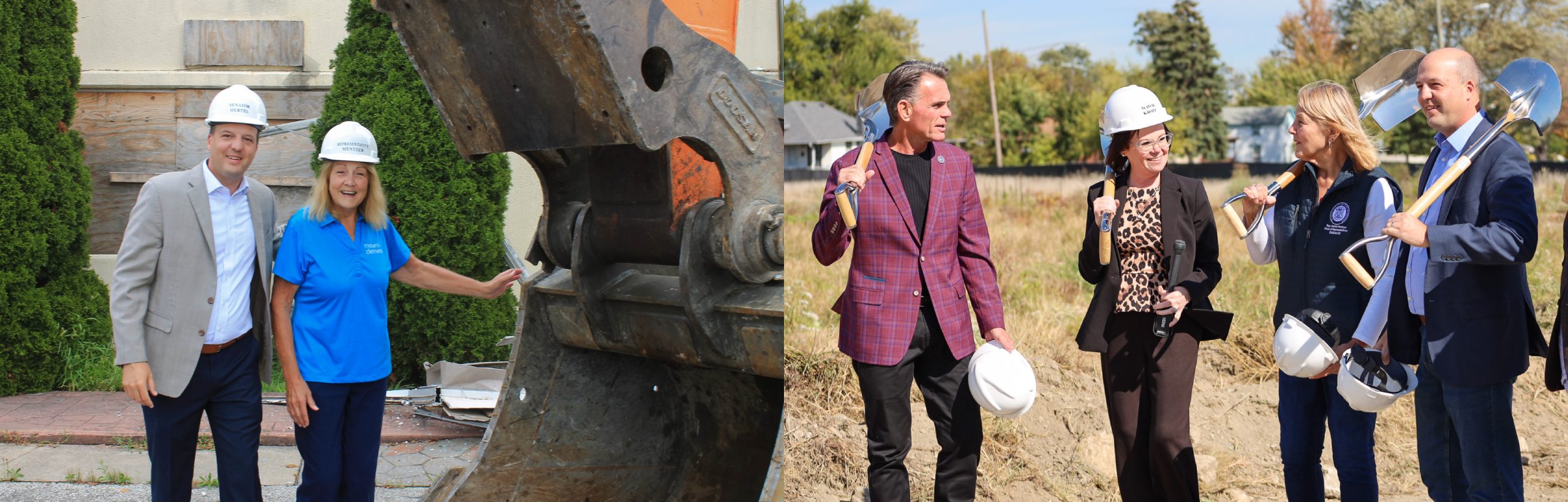 Two images of State Senator Kevin Hertel at construction sites. The first he is posing with a woman, both wearing hard hads next to a large excavator claw. The second is the Senator and a group of poeple holding shovels and hardhats after a ground breaking ceremony 