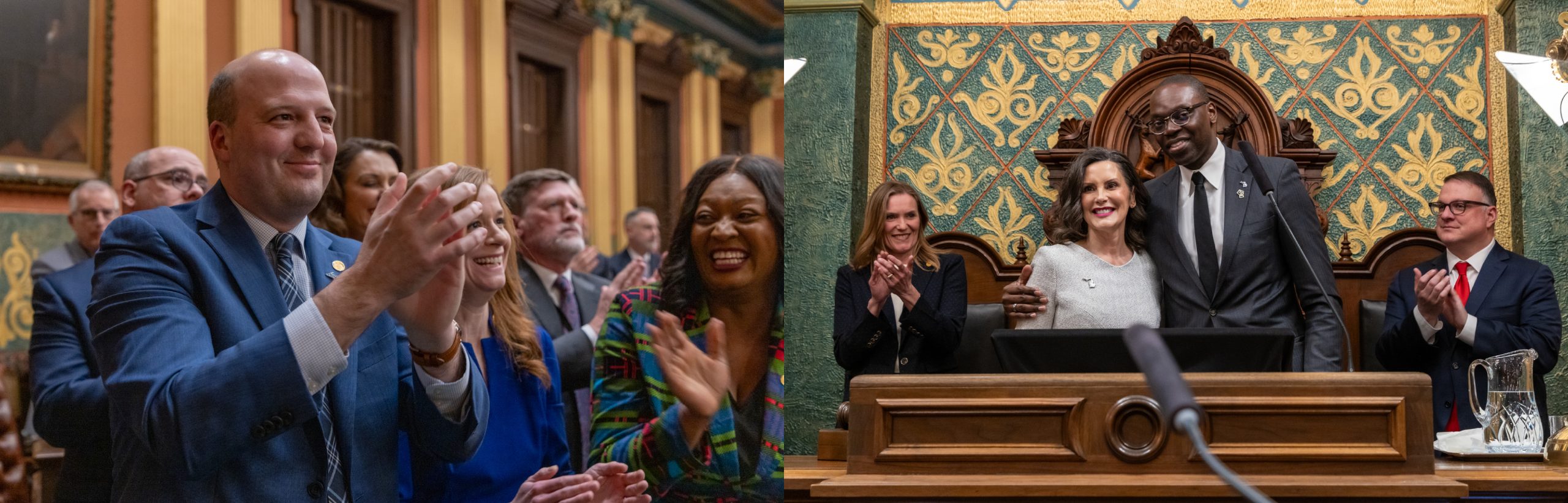 Two images of State of the State. The firs is Senator Kevin Hertel applauding the speech along with other State Senators. The second is Governor Whitmer and Leuitenant Governor Gilchrest posing for a photo at the podium with Majority Leader Brinks and Speaker Hall applauding on either side