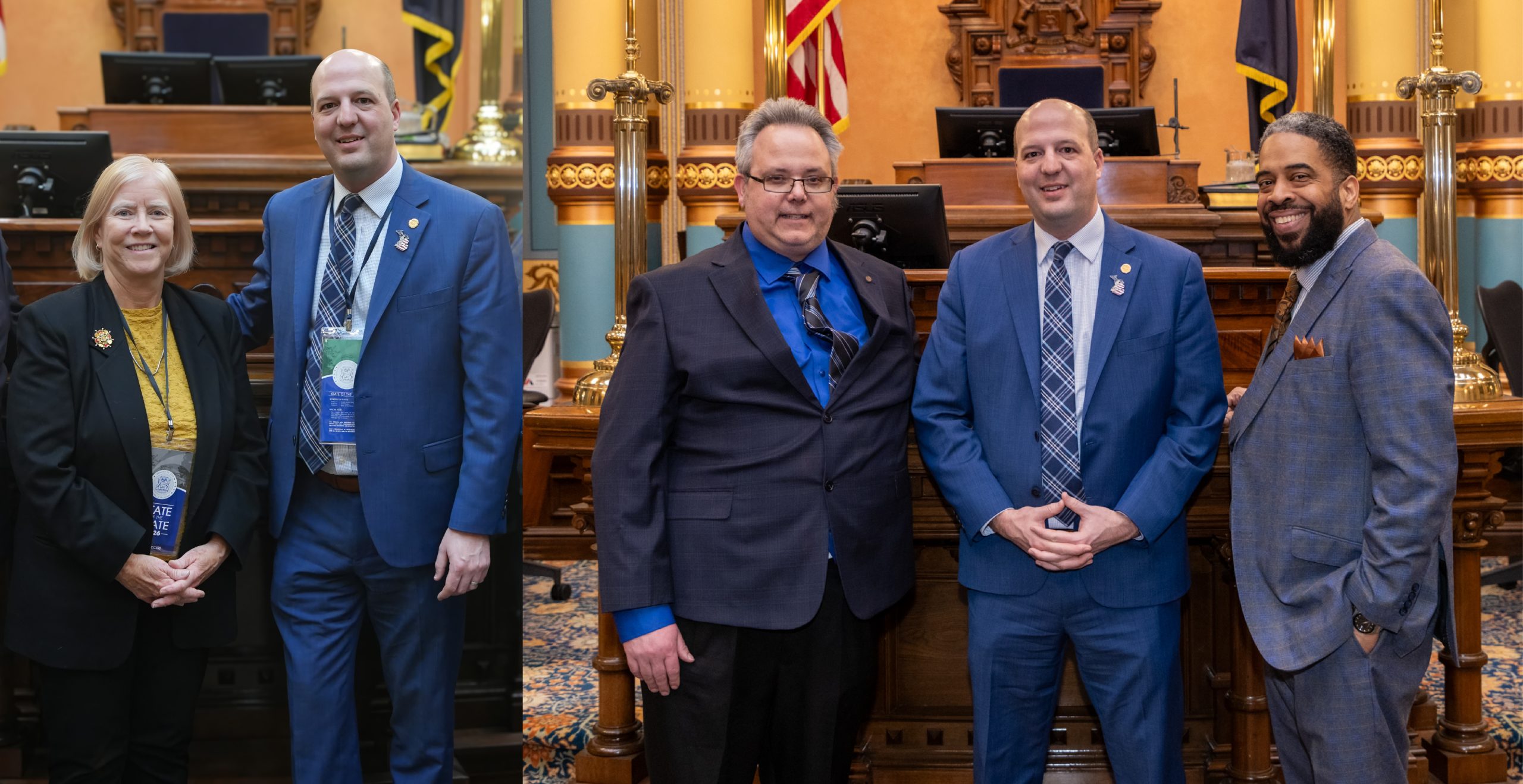 Two images of State Senator Kevin Hertel. The first is him posing with Macomb County Public Works Commissioner Candice Miller on the Senate floor. The second is him posing with Lake St. Clair Mayor Rocky Gillis