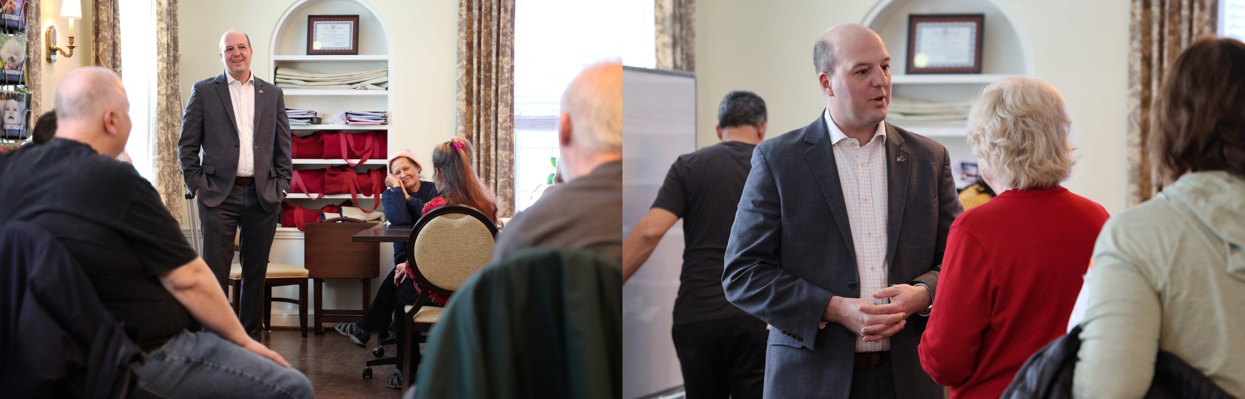 Two image of Sen Hertel speaking to constituents at his coffee and conversation event