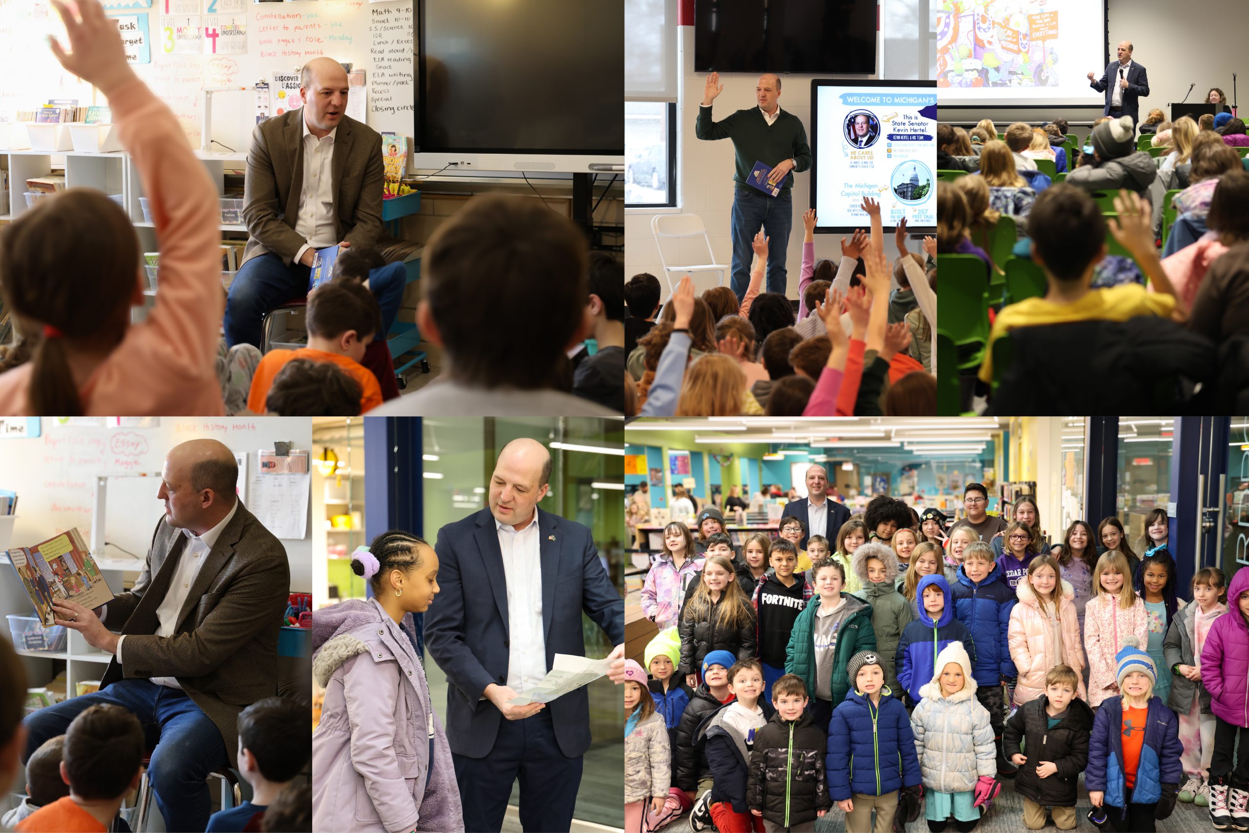 Sen Hertel in a collage of students celebrating March is Reading Month. He is reading to classrooms and taking questions