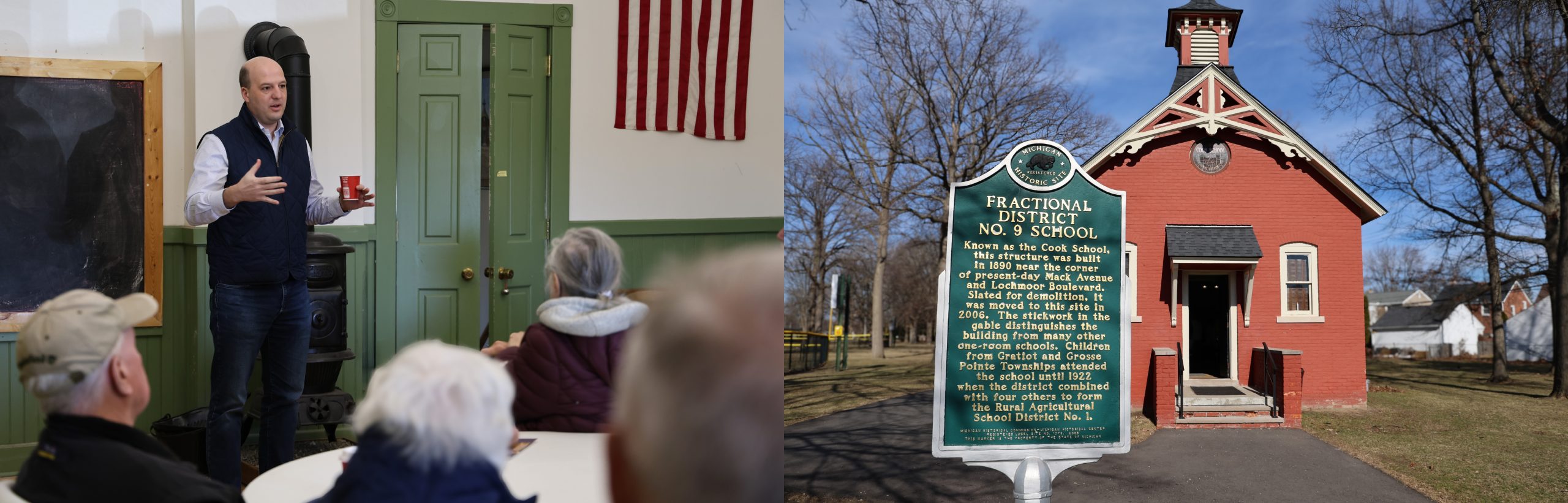 Sen Hertel speaking with constituents at the historic Cook Schoolhouse in Grosse Pointe Woods