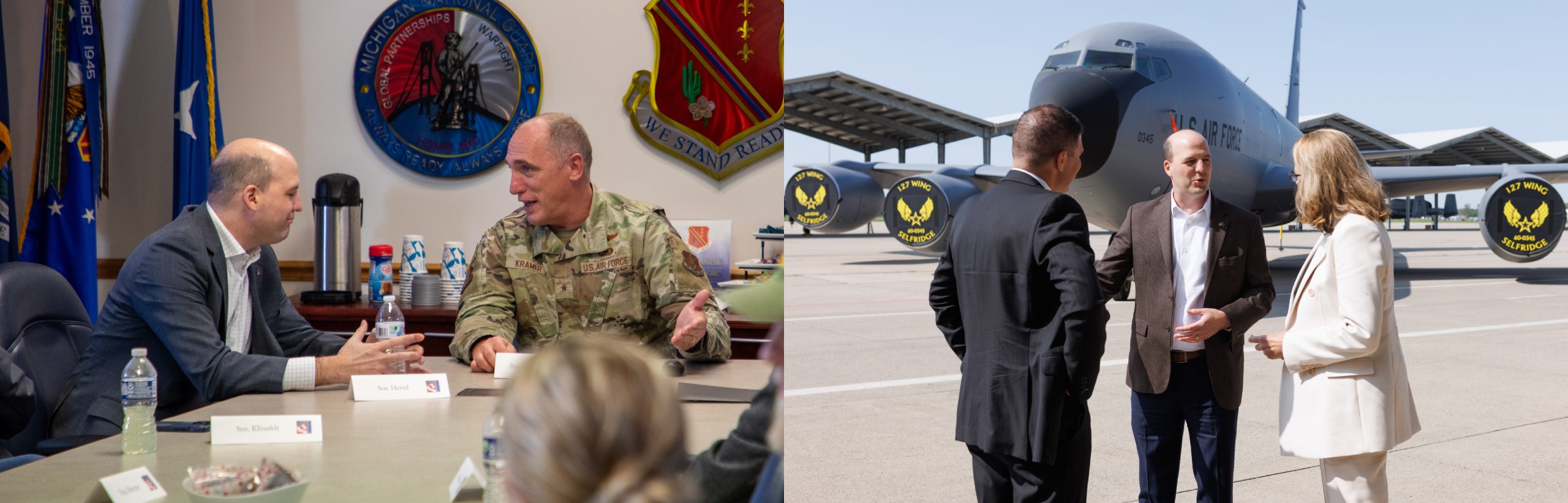 Sen Hertel speaking with U.S. military personell at Selfridge Air base. He is in conversation with military personell seated at a table and taking a photo in front of a fighter jet with local officials