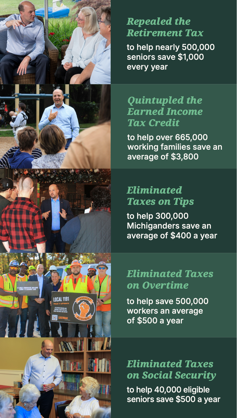 Repealed the Retirement Tax, Quintupled the Earned Income Tax, Eliminated Taxes on Tips, Eliminated Taxes on Overtime, Eliminated Taxes on Social Security
