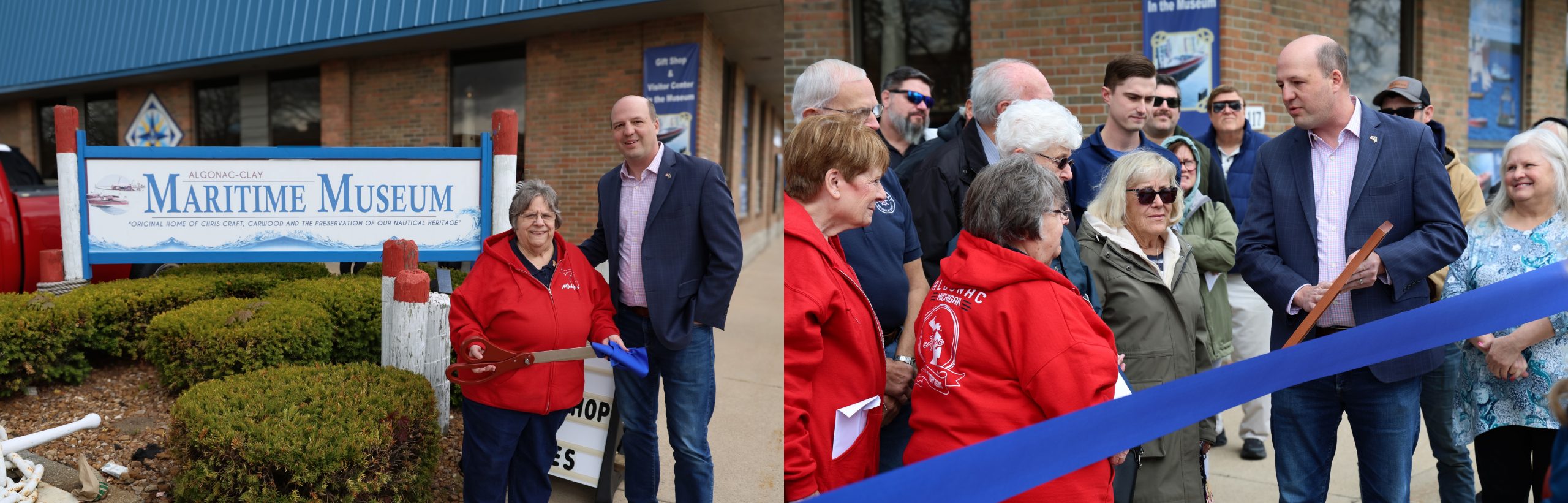 First Image: Sen Hertel posing outside of the Algonac Maritime Museum with a museum worker. Second Pic is Hertel at the ribbon Cutting Ceremony