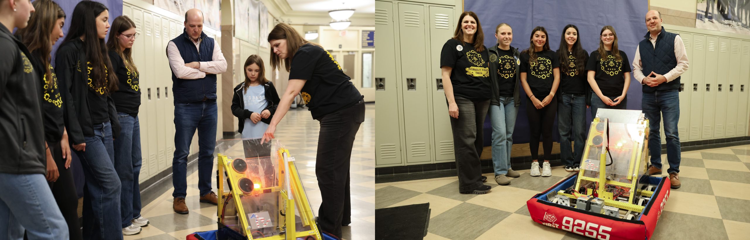 First Image is Sen Hertel watching a robot in a high school hallway. Second photo is Sen Hertel with Grosse Pointe South High School Botmasterz FRC 9255 team