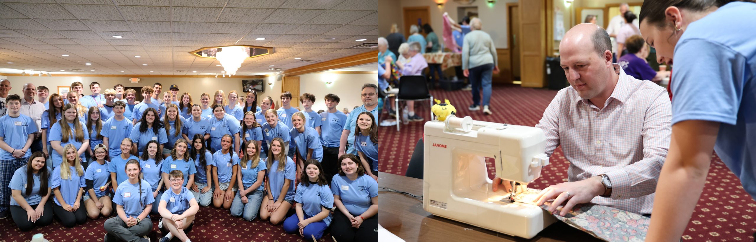 First Image is Sen Hertel in a large group photo with students from Algonac High School. Everyone is wearing blue t-shirts. Second Image is a high school student assisting Sen Hertel on a sewing machine 