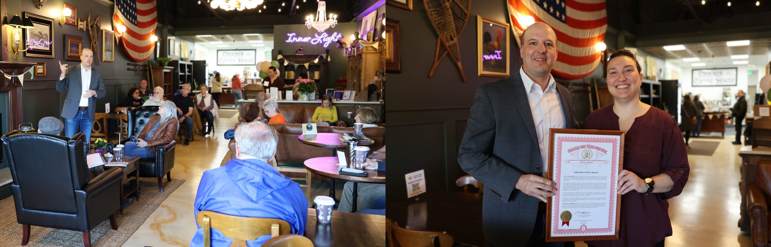 First Image is Sen Hertel speaking with a group of constituents at his community conversation event. Second image is Sen Hertel presenting a tribute to Crocker Coffee House