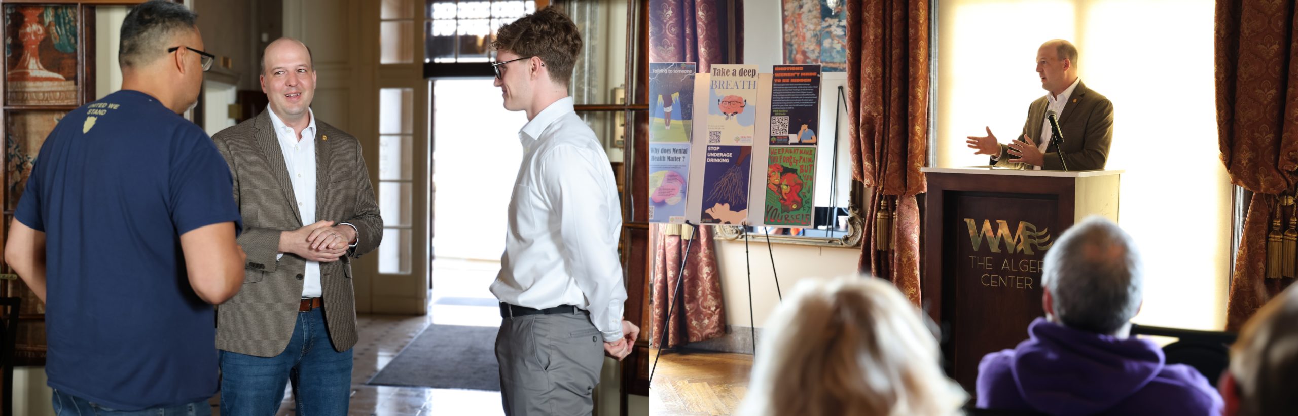 First Image is Sen Hertel speaking with two men indoors. Everyone is smiling. Second image is Sen Hertel with the Family Center’s Healthy Grosse Pointe and Harper Woods Coalitiondisucssing what the Senate has been doing to Keep Kids Safe Online