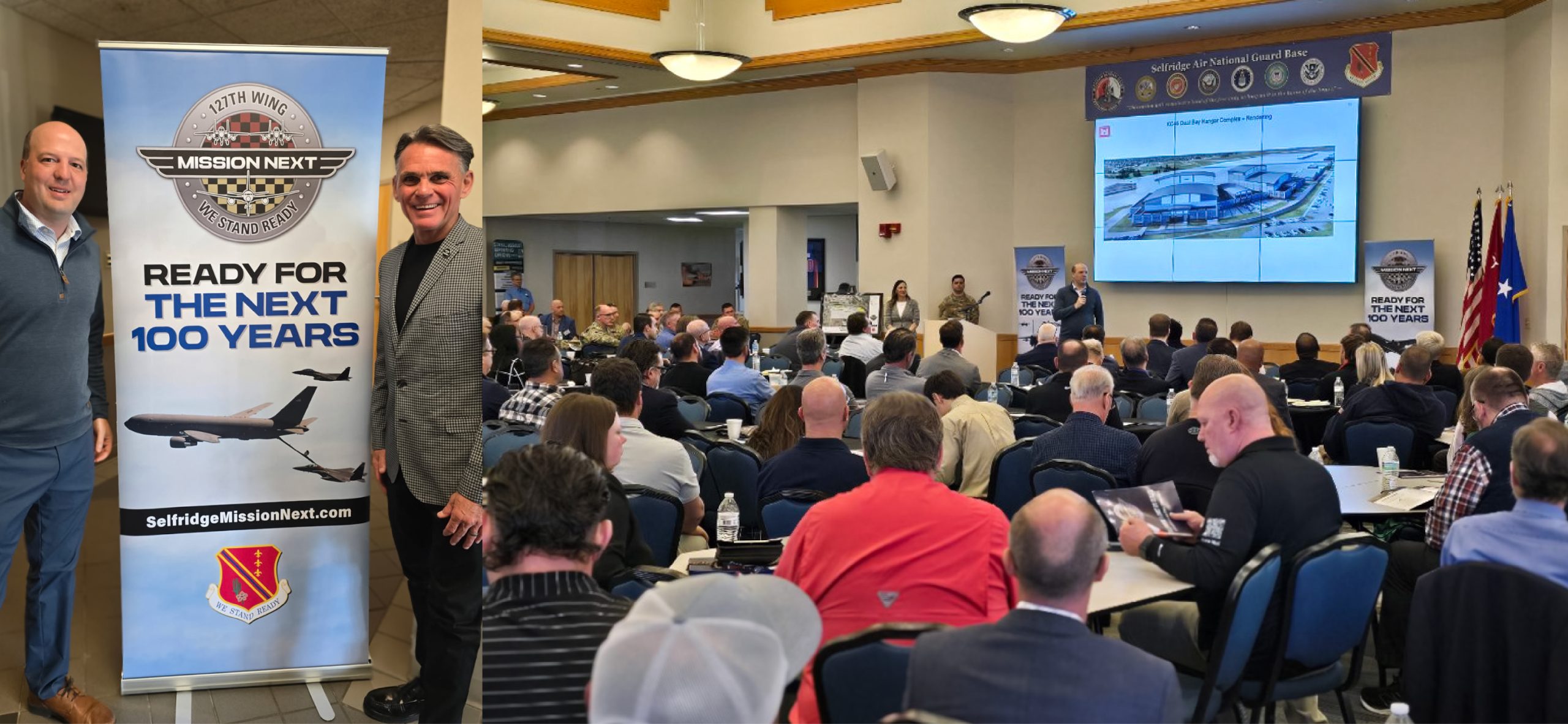First Image is Sen Hertel standing next to a banner that reads "Ready for the Next 100 Years, Selfridge Mission Next". Second Image is Sen Hertel speaking in front of the Macomb County Planning and Economic Development