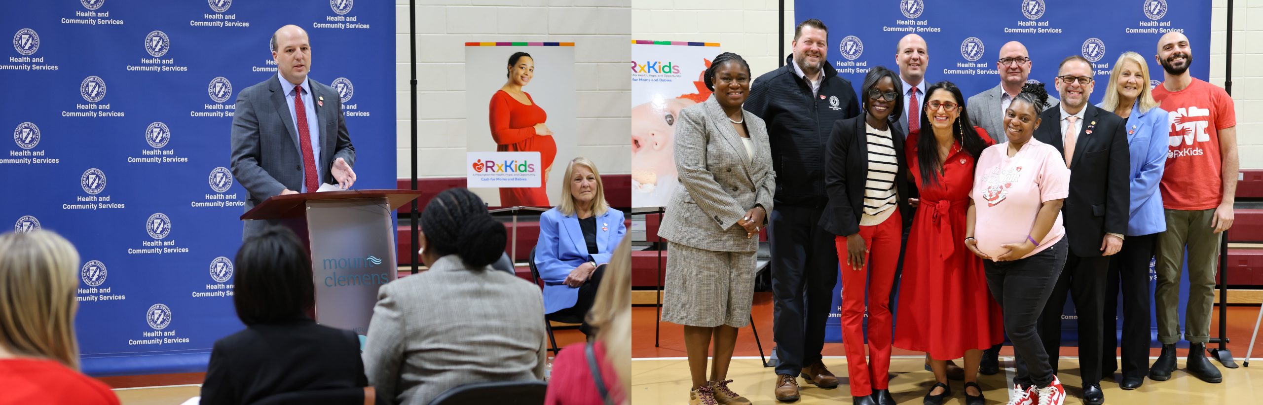 First Image: Senator Hertel speaking at a podium at the Mount Clemens RX Kids opening. Second Image: Sen Hertel with Dr. Mona, other elected officials, and expecting mothers taking a photo in front of the RX Kids backdrop