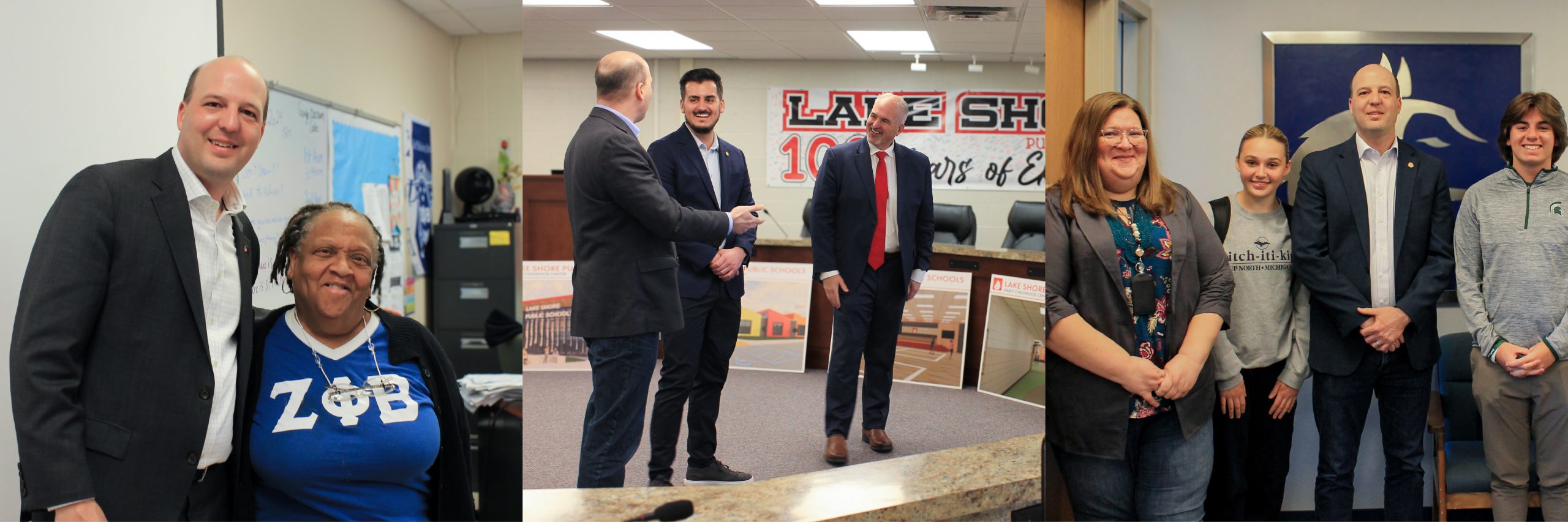 Three different photos of Sen Hertel with educators and legislators in various school buildings
