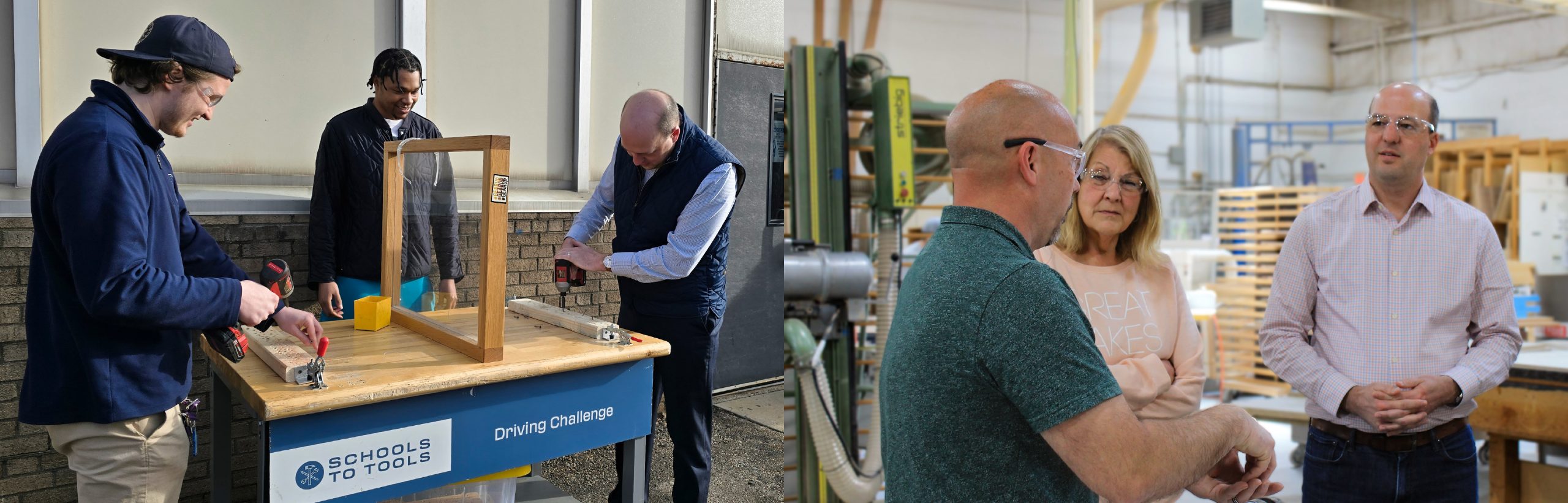 First Image Sen Hertel and a young person drilling nails into a board. Second image is Sen Hertel speaking with 2 other adults in a workshop. Everyone is wearing PPE