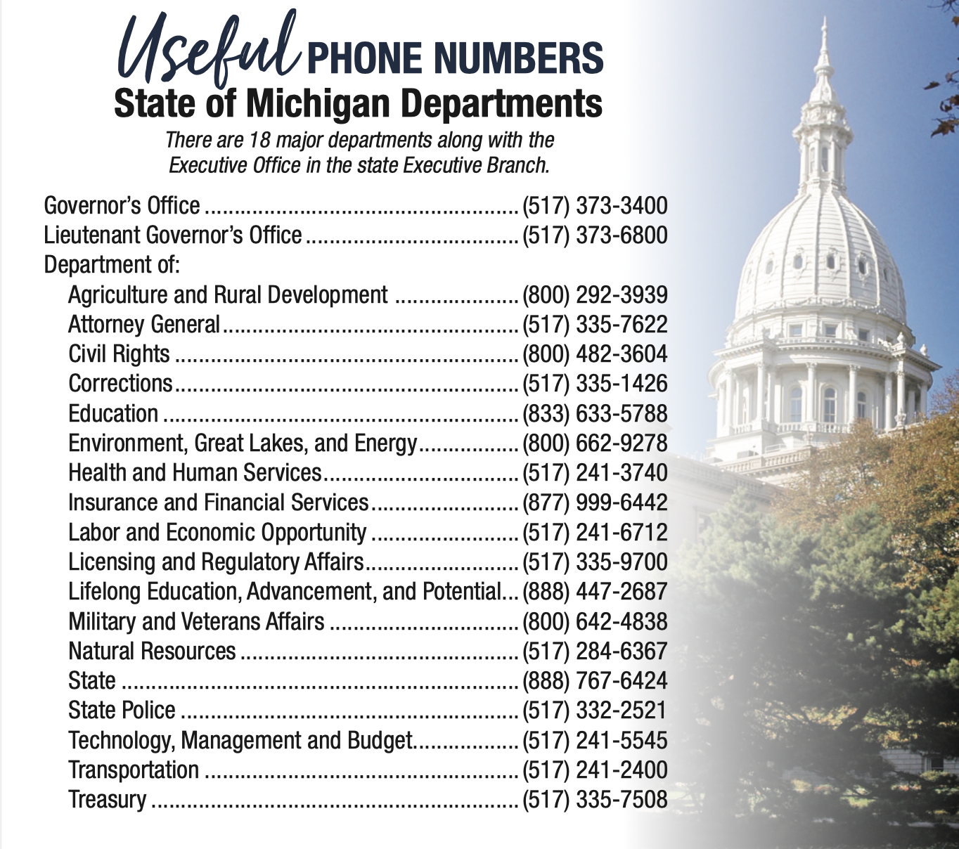 Useful Phone numbers - state of Michigan departments