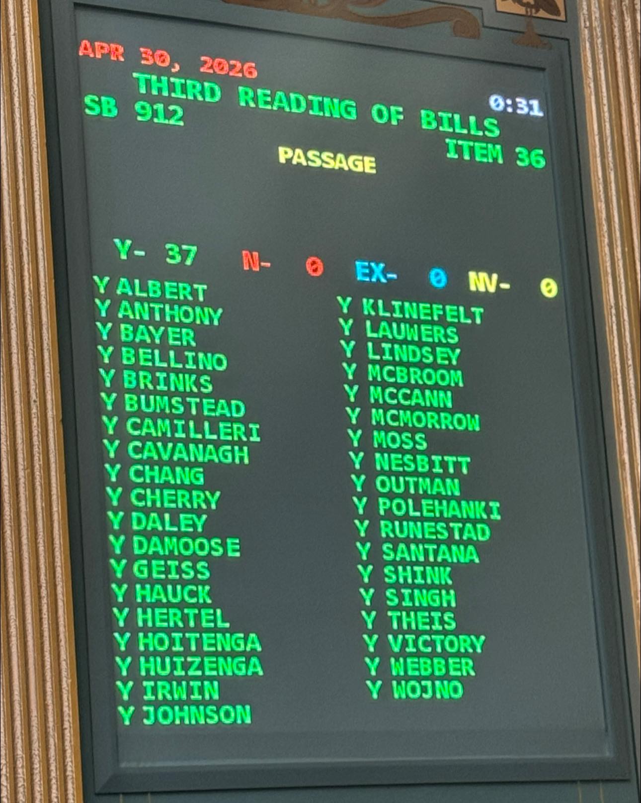 The voting board lit up in all green. The Senate unanimously passed Senate Bills 559, 561, and 912