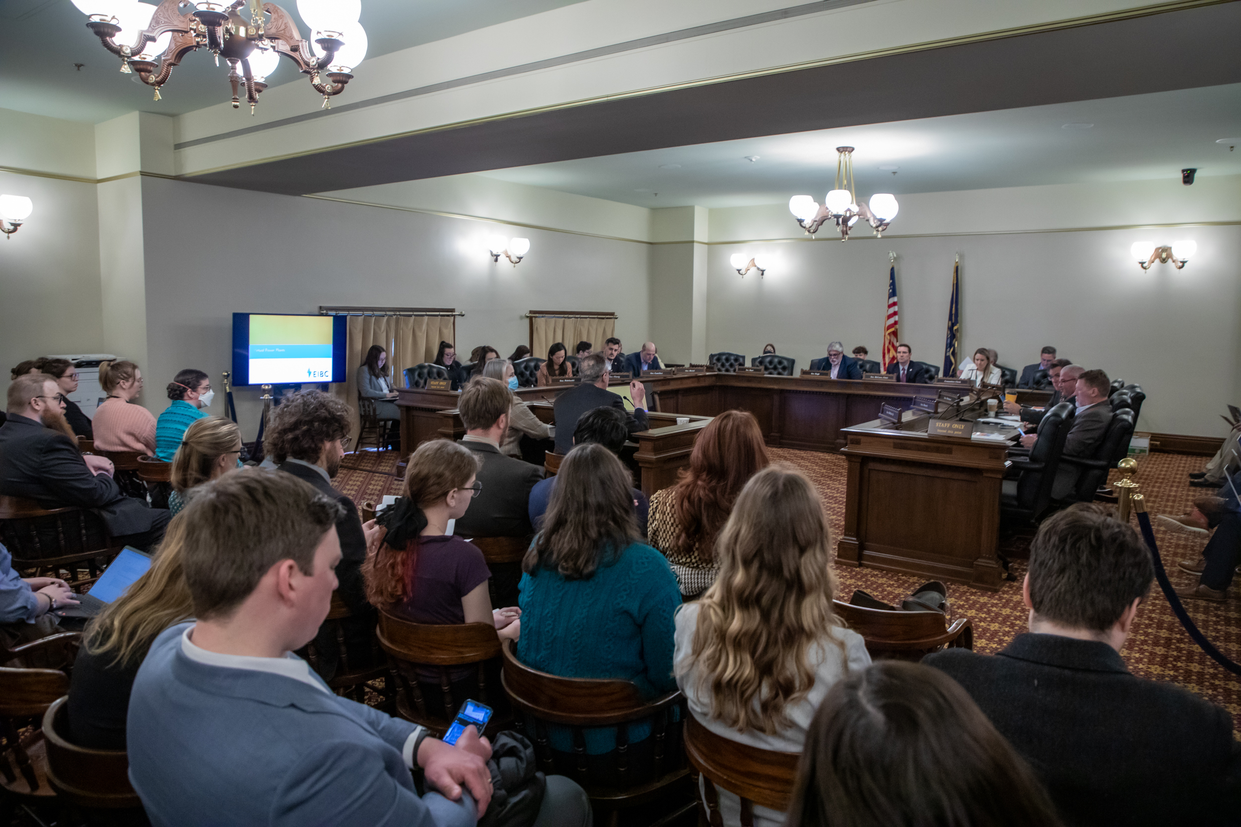 Senate Energy and Environment Committee Holds Hearing on Bills to Help Lower Utility Costs. A crow of people watches committee
