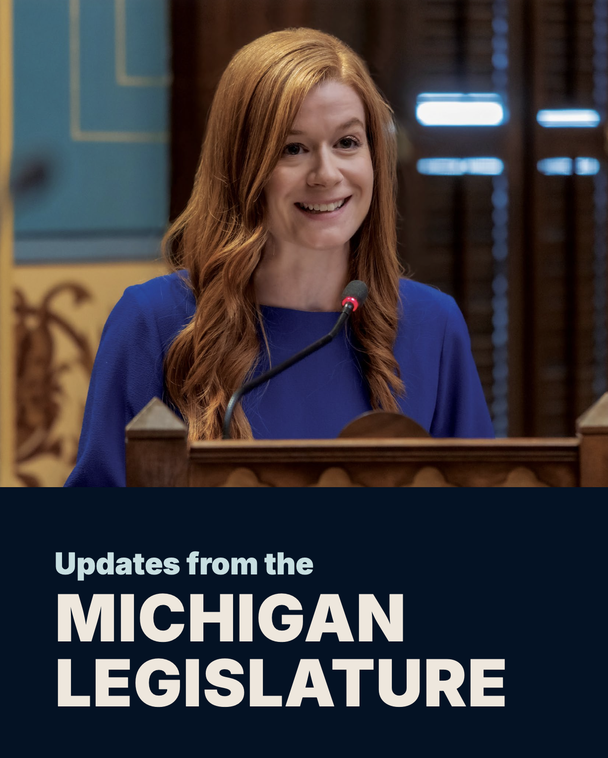 Updates from the Michigan Legislature. Sen McMorrow smiling at the Senate podium