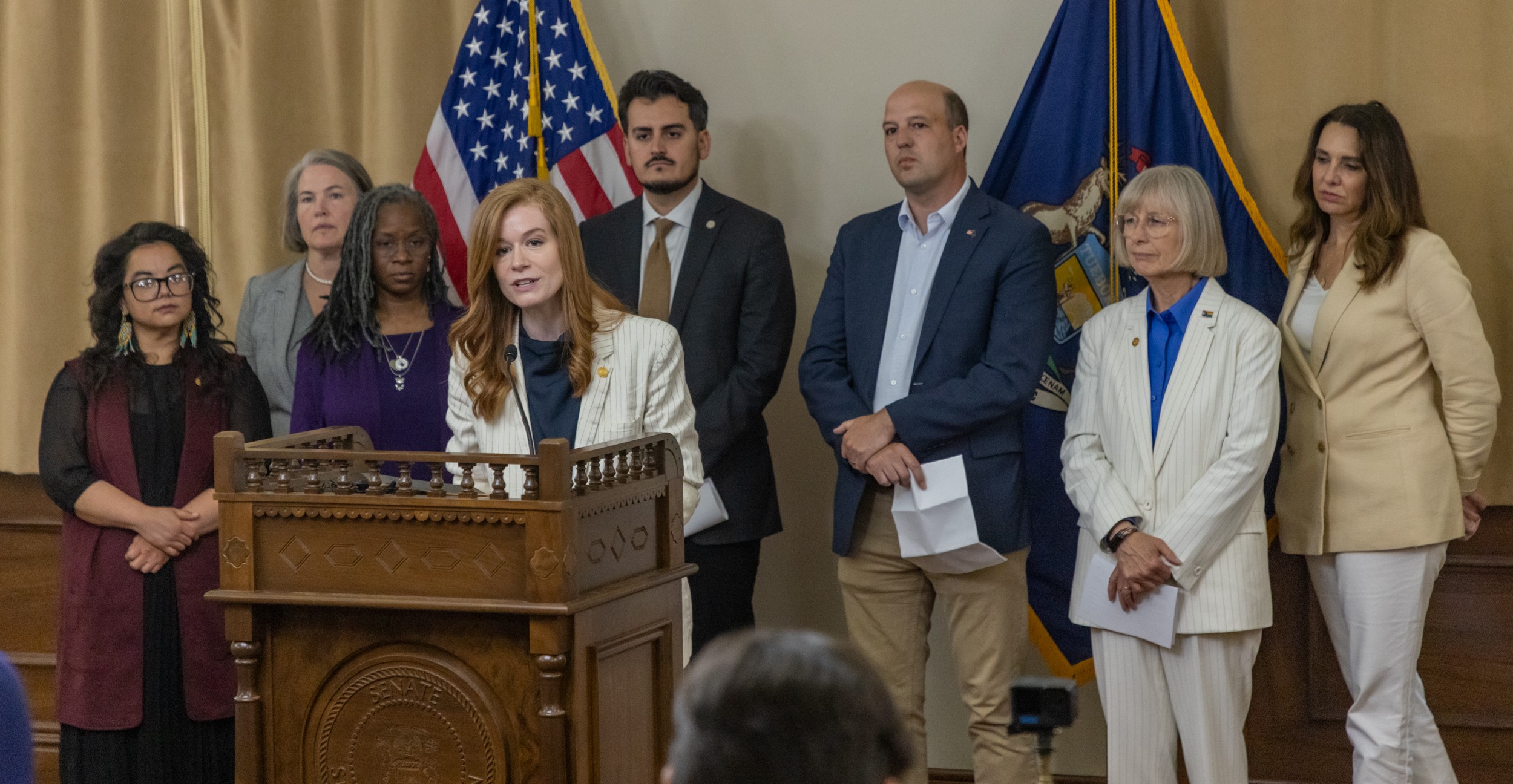 Sen. McMorrow and her Senate Dem colleagues at a press conference on their legislation to shield Michigan residents and communities from large-scale data center projects 