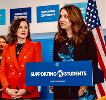 Senator Polehanki with Governor Whitmer at the school cell phone bill signing