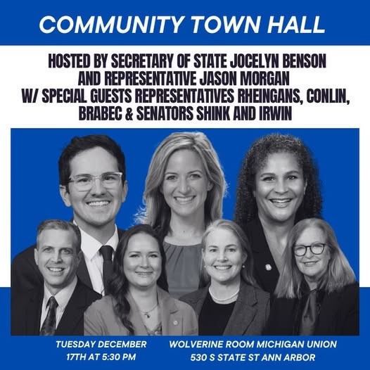 Secretary of State Jocelyn Benson and the Washtenaw County delegation will host a community conversation in Ann Arbor. 