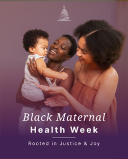 Two black mothers holding a baby on a purple background. Graphic reads "Black Maternal Health Week. Rooted in Justice and Joy"