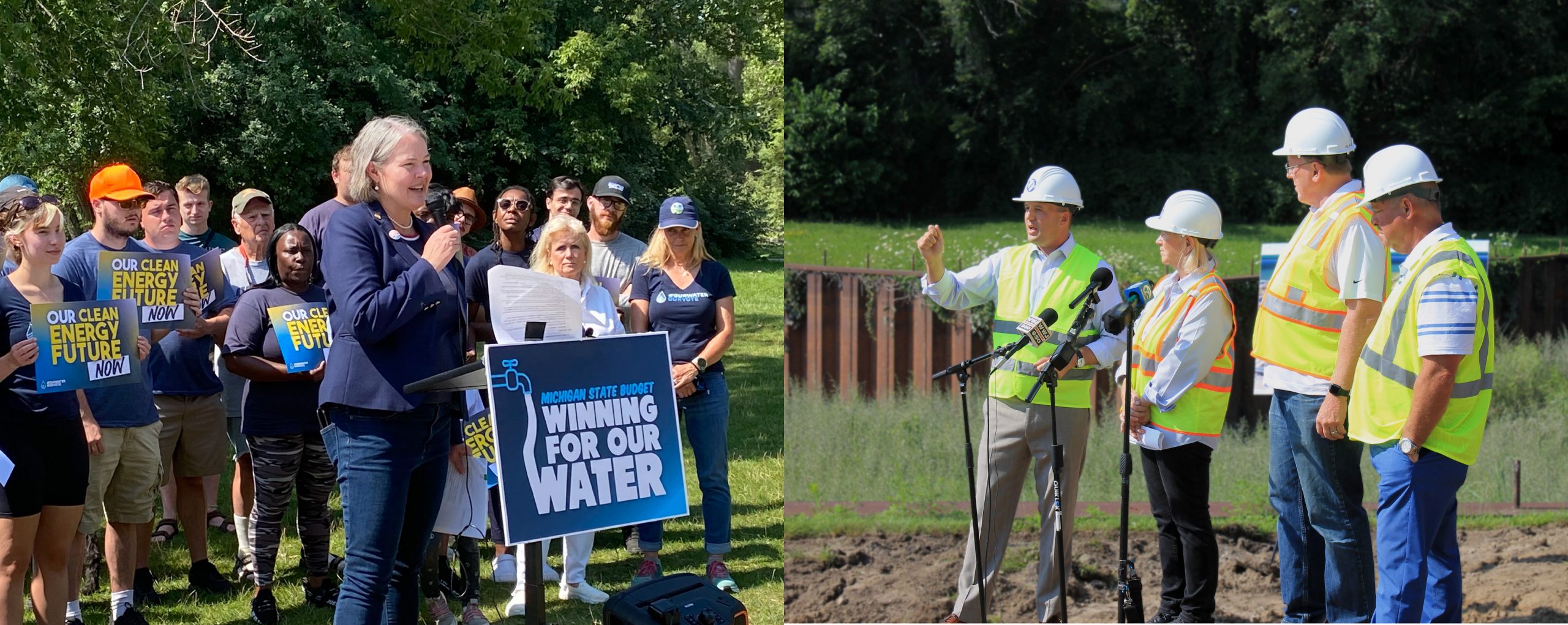 On the left, Sen. Sue Shink (D-Northfield Twp.) and volunteers participate in a river cleanup event to bring attention to the importance of clean water and highlight wins secured in the 2024 state budget. On the right, Sen. Hertel speaks with local leaders at the Chapaton Retention Basin in St. Clair Shores, where a new project to address combined sewer overflows is underway.