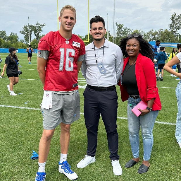 Sen. Darrin Camilleri (D-Trenton) and Sen. Sarah Anthony (D-Lansing) joined Jared Goff and the Detroit Lions at their training camp last summer.